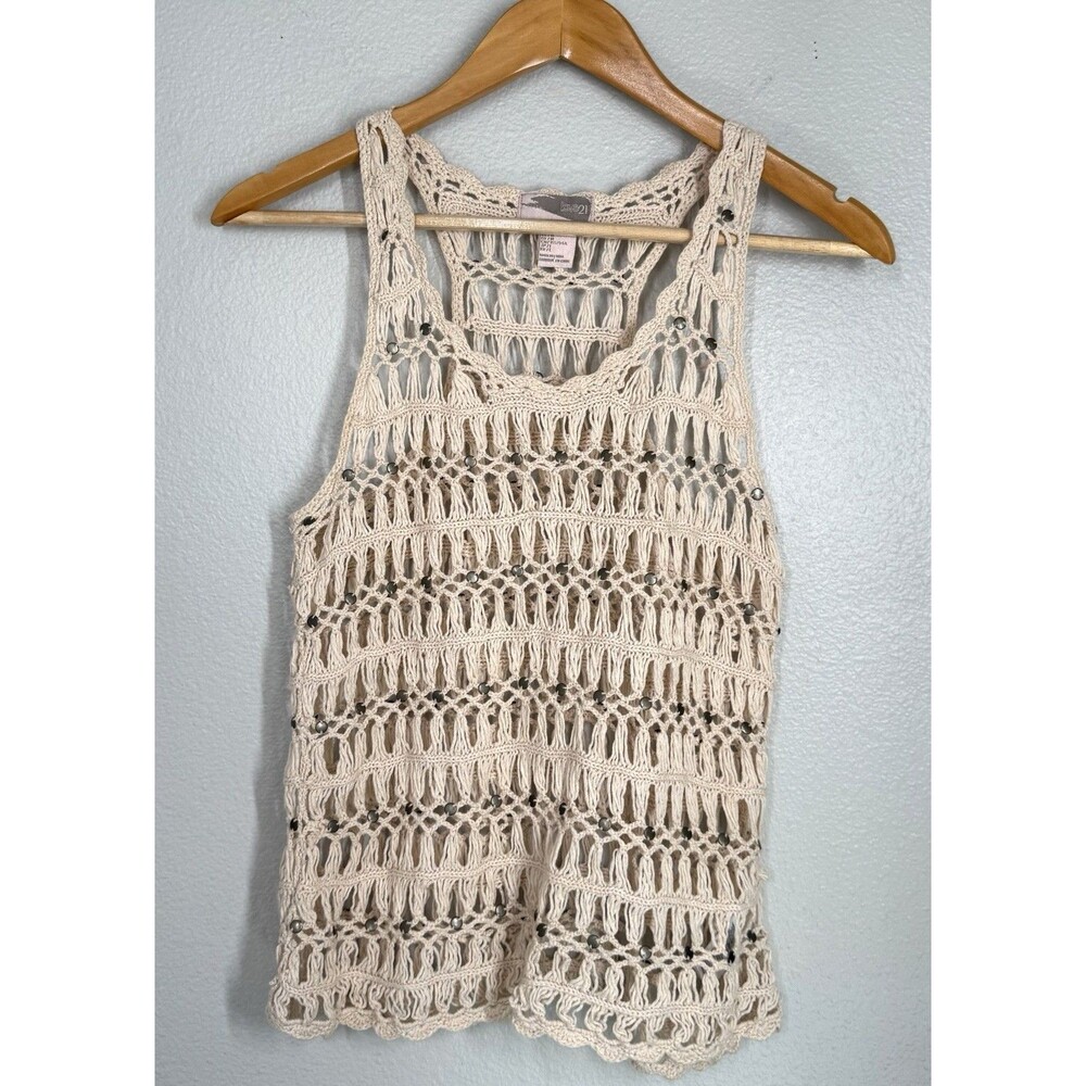 Love 21 Boho Crochet Tank Top Sz M Beige Lagenlook Hippie Blouse Metallic Beads